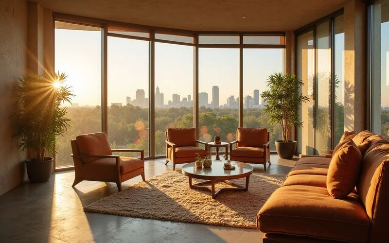 Afternoon sun through west-facing windows with shades half drawn