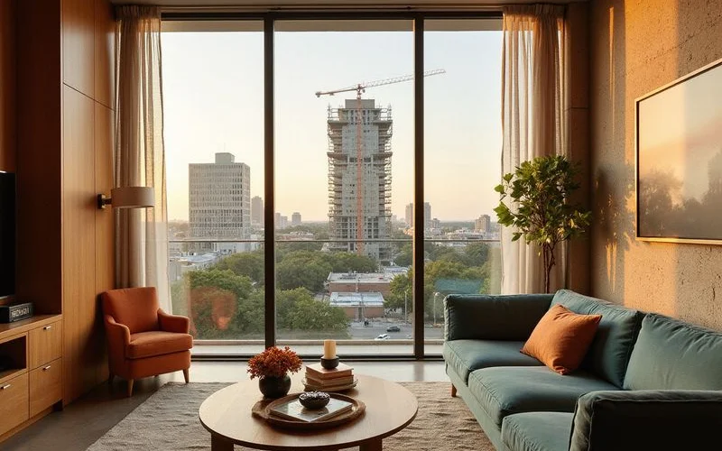 Window view partly blocked by a new tower under construction