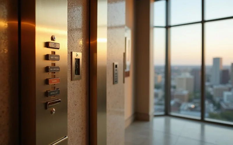 Elevator panel with top penthouse floor buttons in brushed bronze