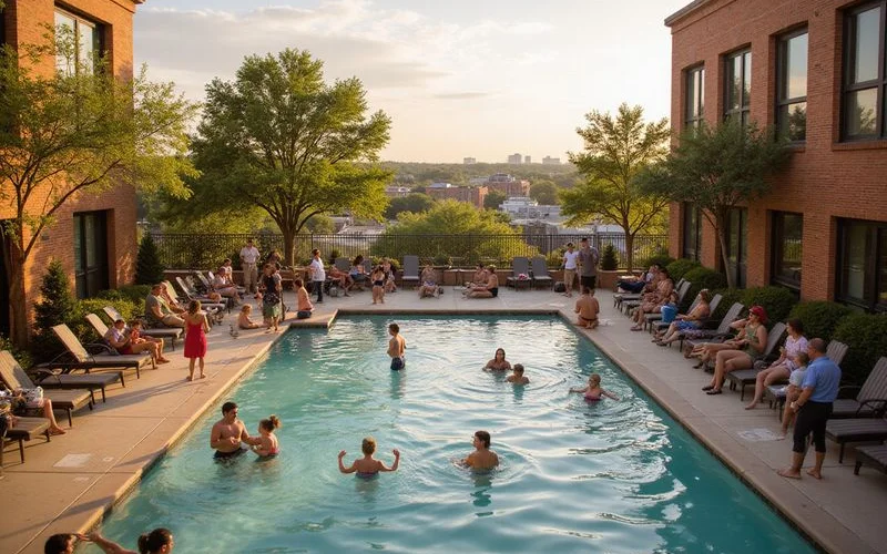 Busy Saturday afternoon at a downtown rooftop pool