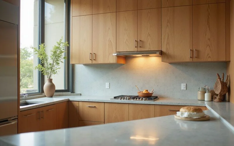 Quartz counters and oak cabinetry in a luxury kitchen