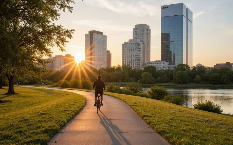Cyclist commuting on the lakeside trail toward downtown