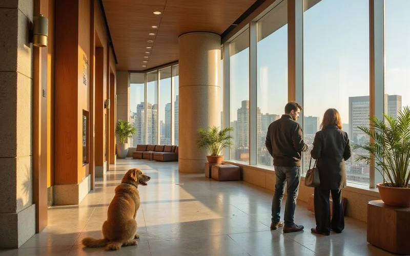 Dog waiting with its owner in an elevator lobby in the morning