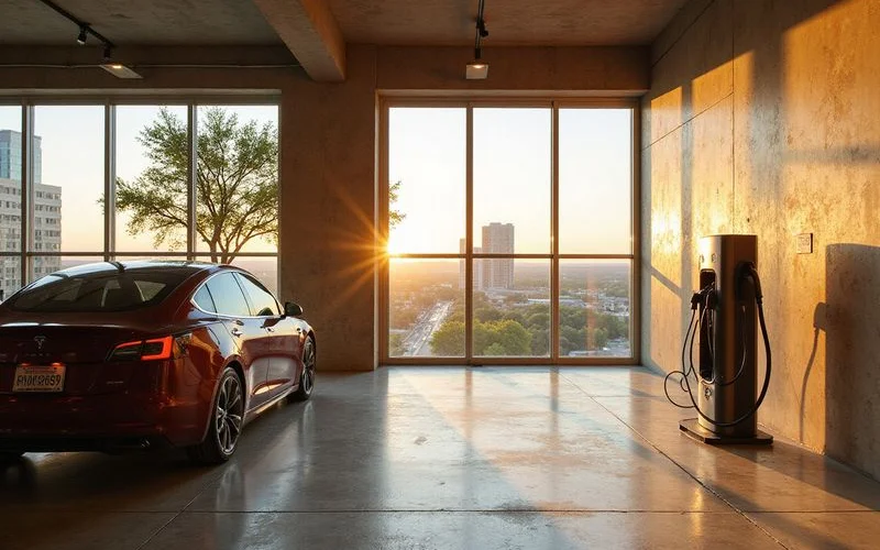 Electric car charging at a Level 2 station in a residential garage