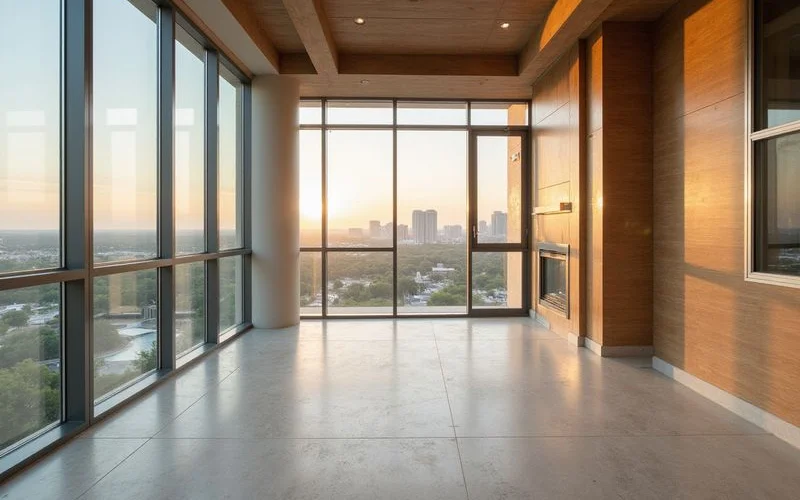 Empty unfurnished high rise unit with limestone floors and lake light