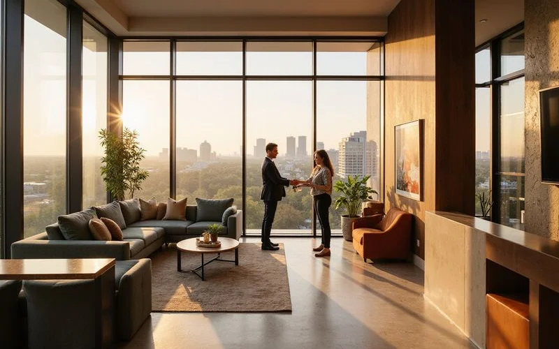 Leasing agent handing over keys and a concession rider
