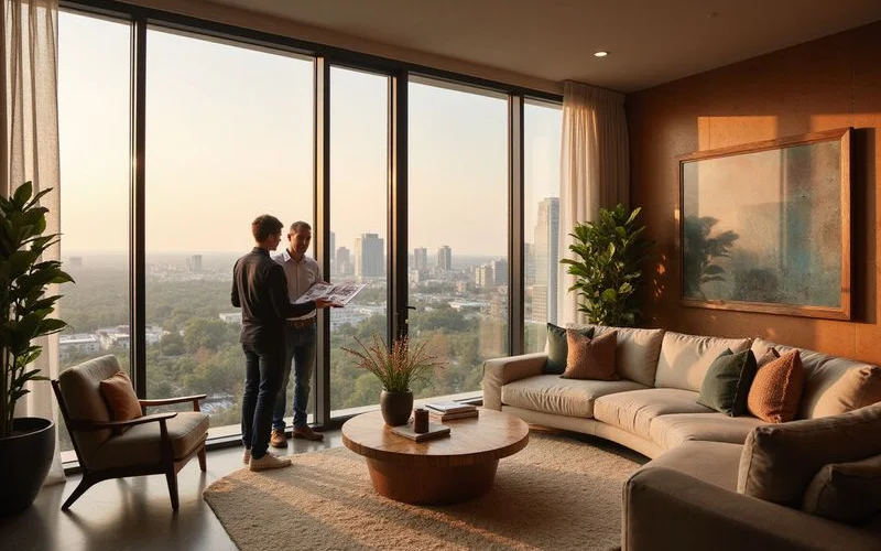 Leasing manager reviewing an unlisted upper-floor floor plan with a locator