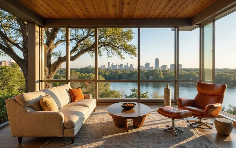 Lower-floor view of treetops with a glimpse of the lake