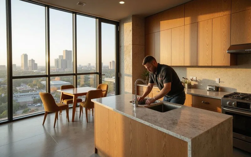 Maintenance technician fixing a faucet in a new apartment