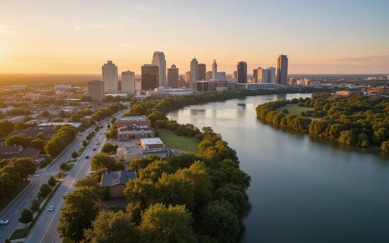 Aerial of downtown Austin districts from Rainey Street to Seaholm