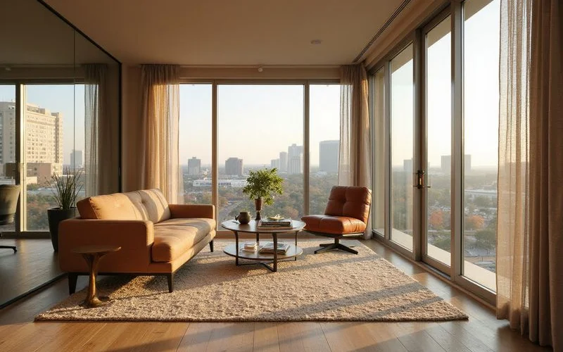 Model unit in a new Austin tower with oak floors and bronze fixtures