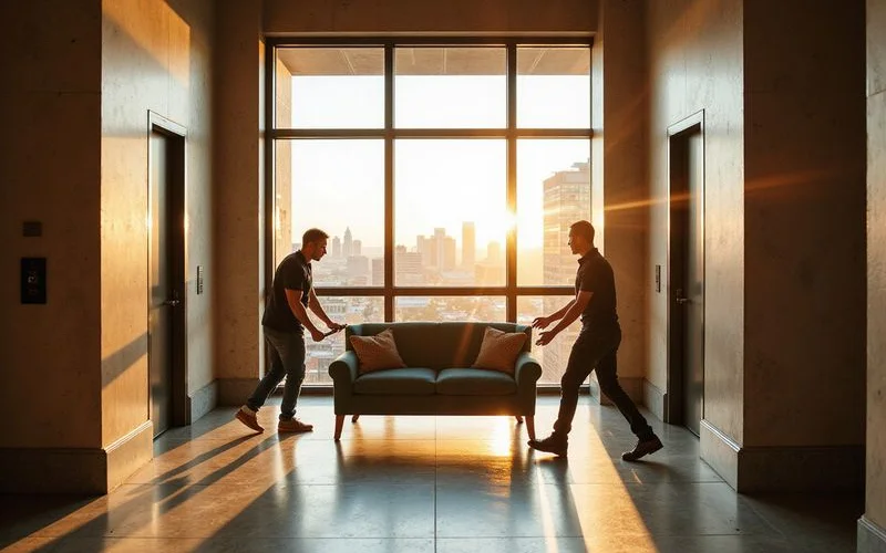 Movers carrying furniture into a freight elevator