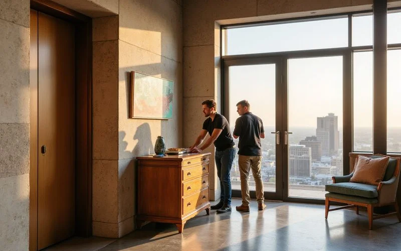 Movers measuring a dresser next to a freight elevator