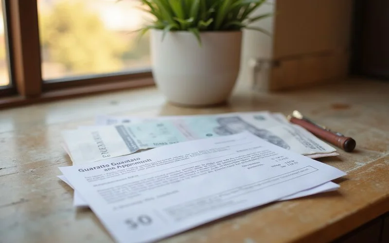 Pay stubs and a guarantor approval letter next to an application