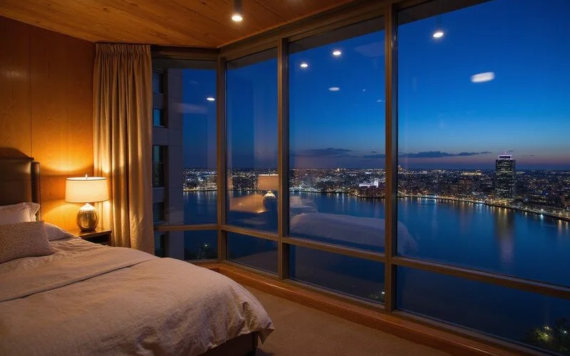 Quiet lake-facing bedroom at night in a Rainey Street tower