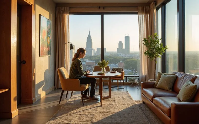 Relocator working in a furnished studio during a short-term stay
