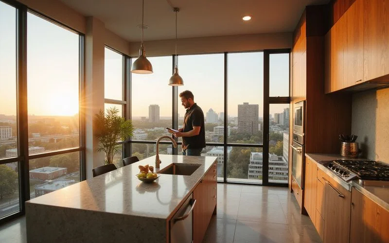 Renter doing a punch-list walkthrough in a brand-new kitchen