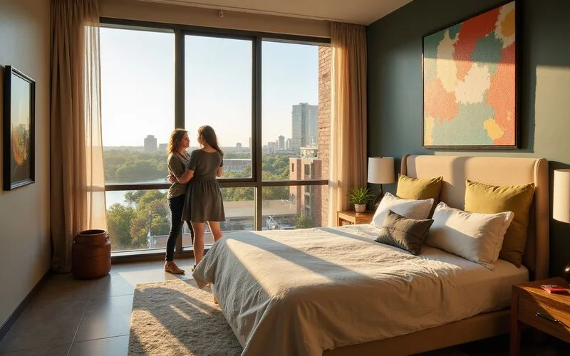 Renter touring a luxury apartment bedroom with a lake view