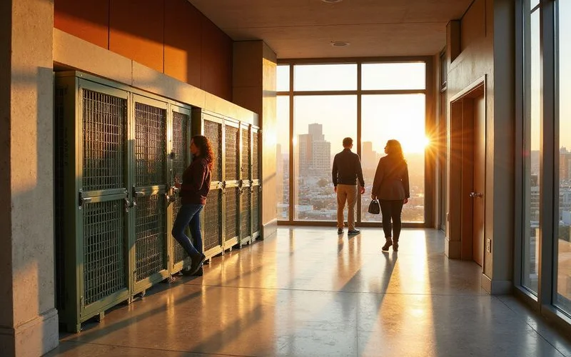 Resident storage unit corridor in a downtown tower