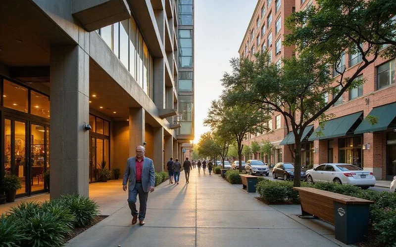 Resident walking out of a high rise lobby onto a downtown Austin sidewalk
