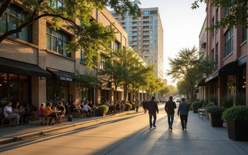 Residents walking past cafes on a downtown Austin street
