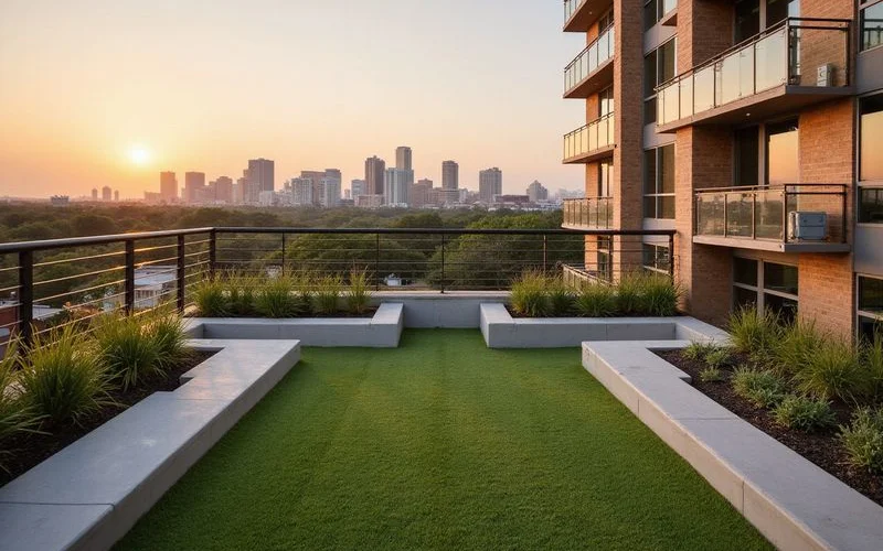 Rooftop dog run with turf and skyline views