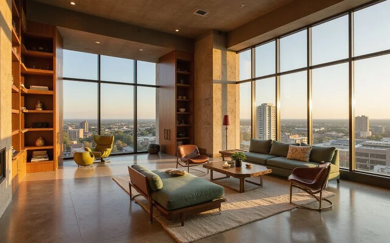 Spacious high rise den with built-in storage and oak shelving