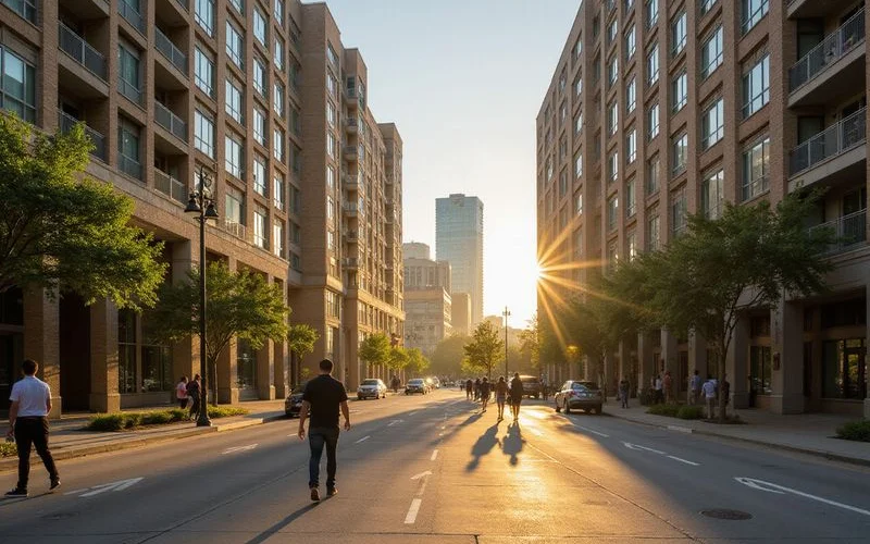 Tech worker walking from a Congress Avenue tower to a downtown office