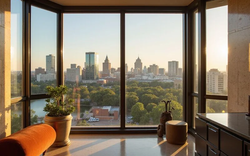 Three-panel graphic: skyline, lake and Capitol views