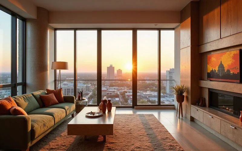 View west over the Seaholm District from a 22nd-floor apartment at sunset