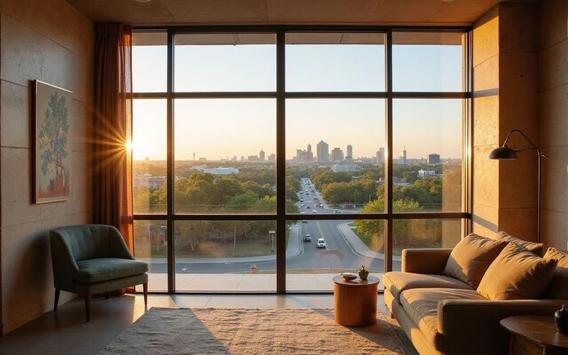 Window view filmed during a video tour, showing the street below