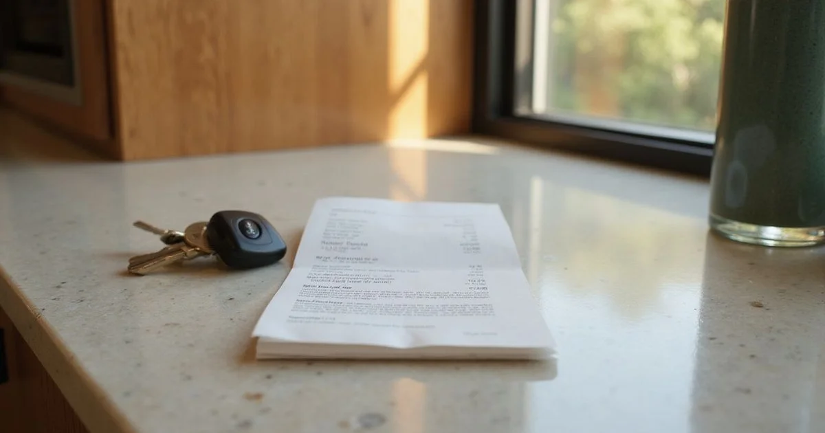 Keys and a folded receipt on a limestone countertop