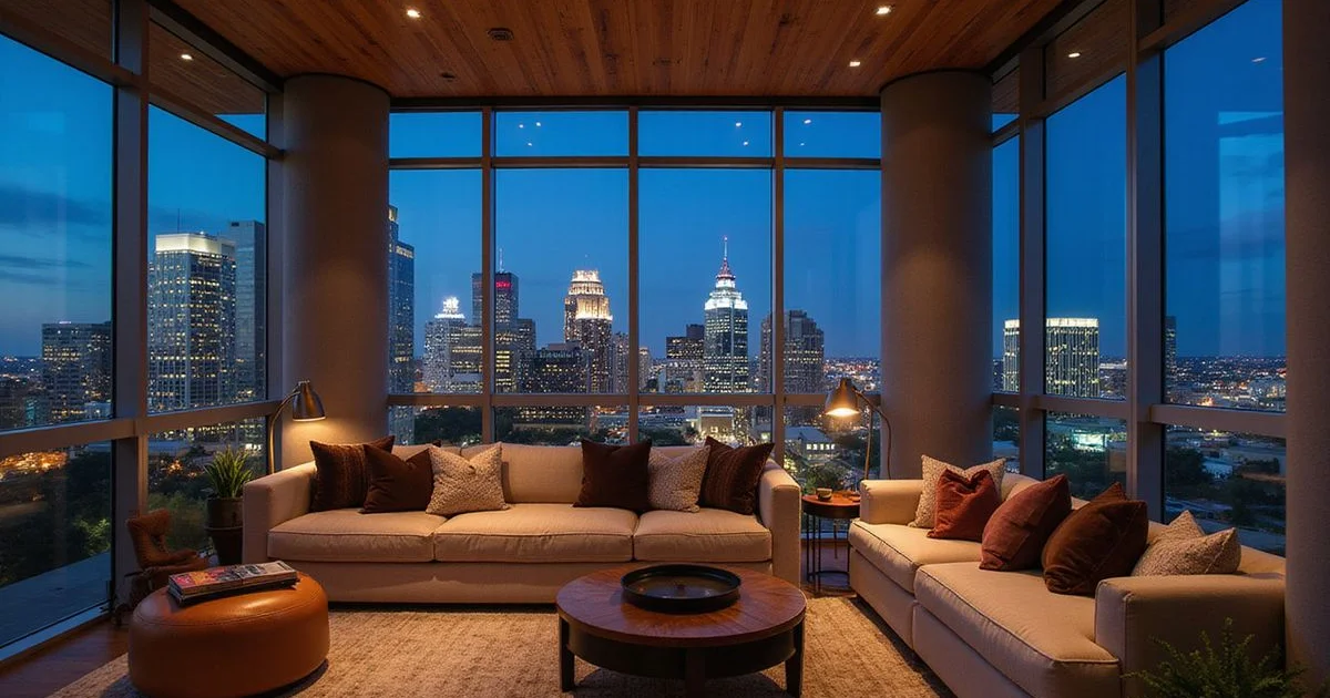Austin skyline lit at night from a high rise living room