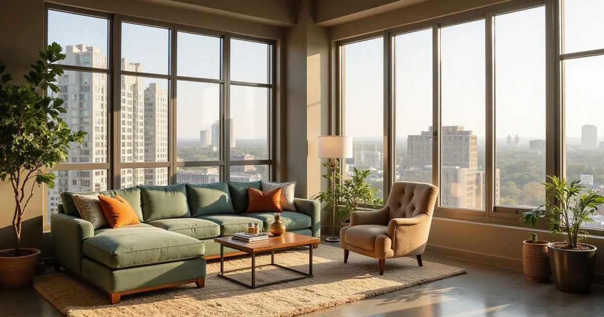 Bright high rise studio with sage accents and a skyline view