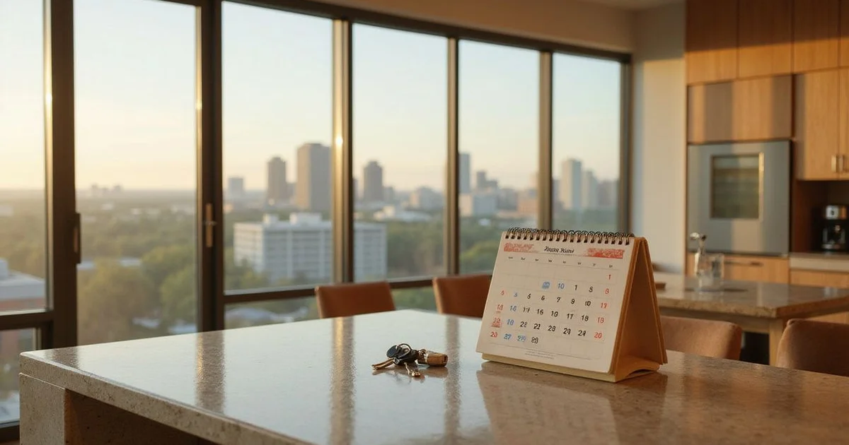 Calendar and keys on a kitchen island in a high rise apartment