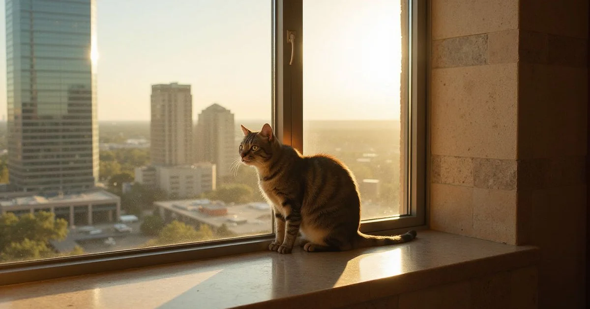 Cat on a sunny windowsill in a downtown Austin apartment