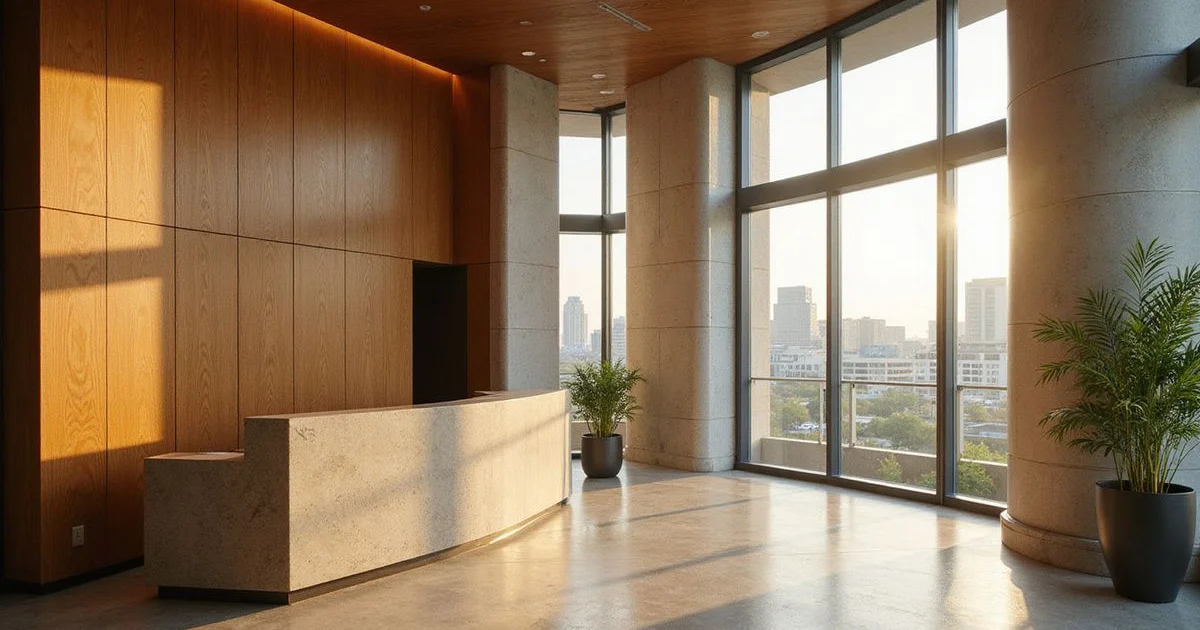 Concierge desk in a Class A Austin high rise lobby with oak and bronze