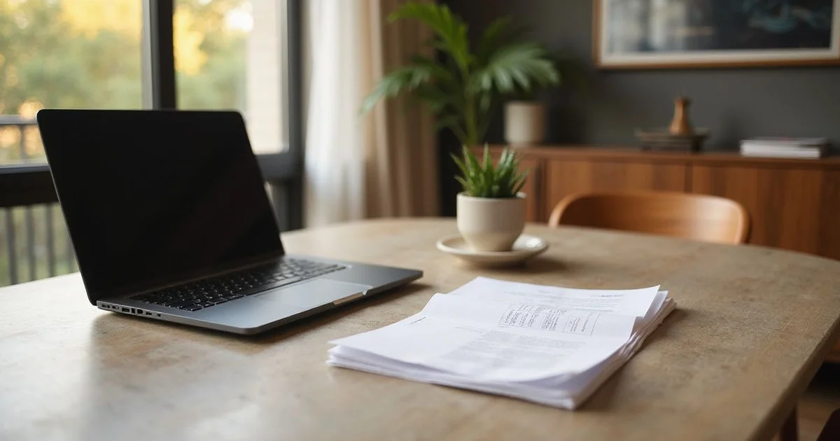 Corporate relocation paperwork and a laptop in a furnished apartment