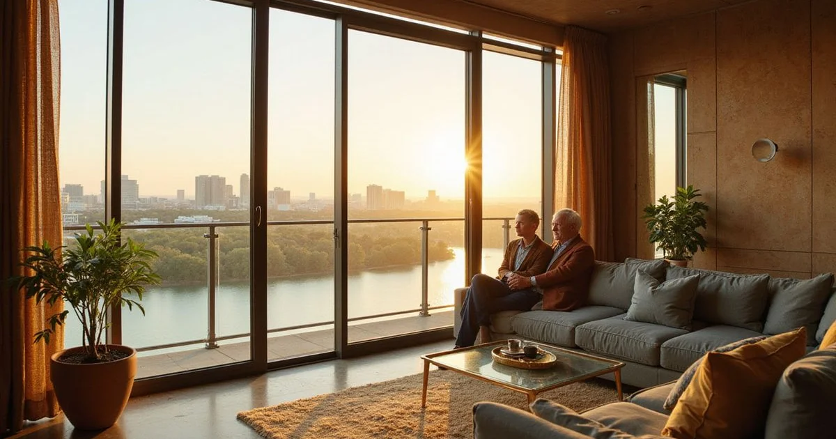 Couple in their sixties on a high rise balcony overlooking Lady Bird Lake