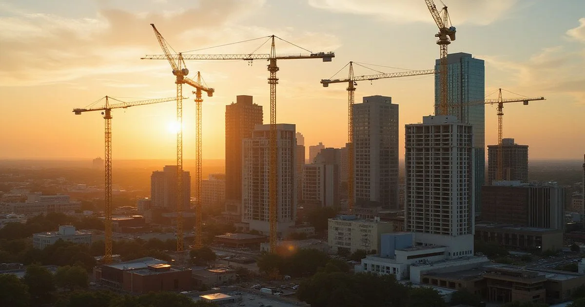 Cranes over the downtown Austin skyline at golden hour
