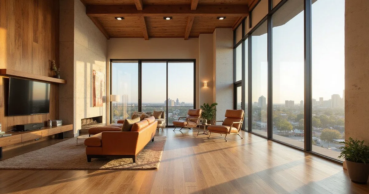 Expansive high rise great room with oak floors and wide skyline windows