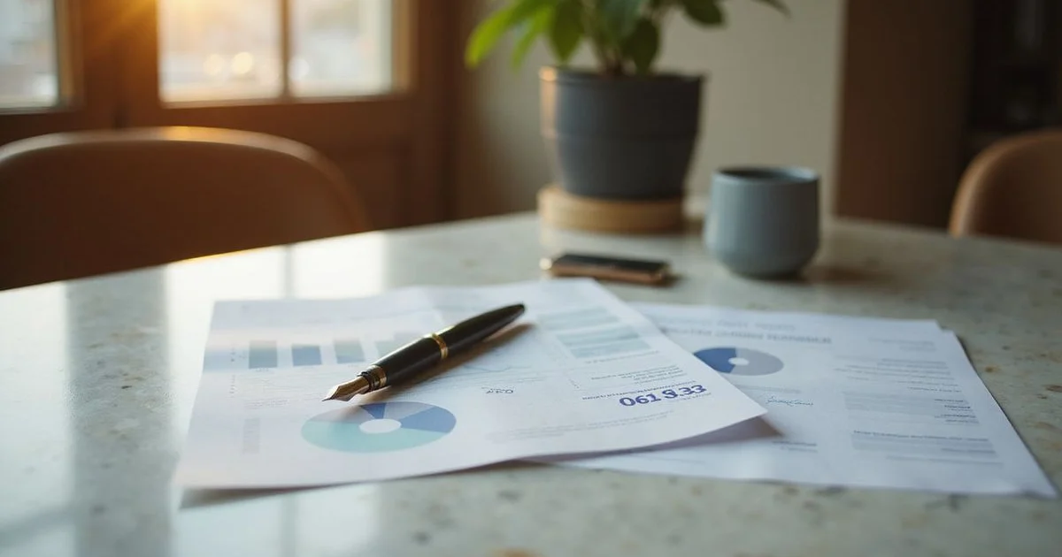 Financial documents and a fountain pen on a marble table in a penthouse