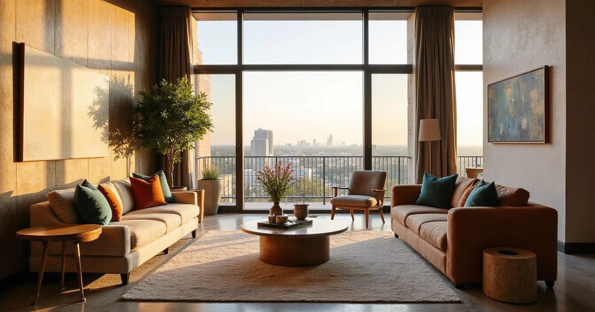 Furnished high rise living room with an Austin skyline view