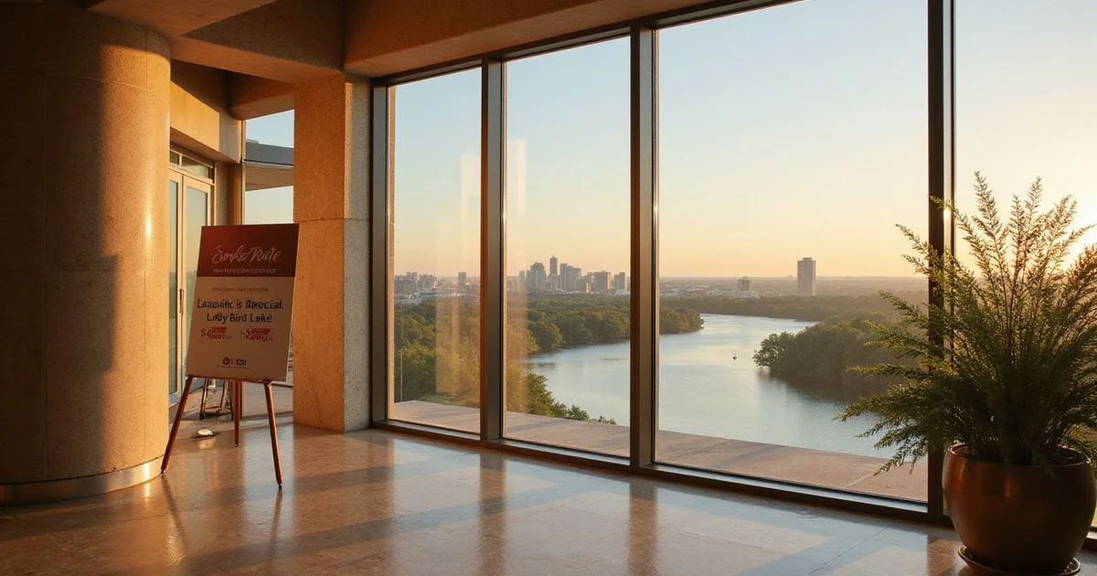 Golden hour view over Lady Bird Lake from a high floor, with a leasing special sign in the lobby