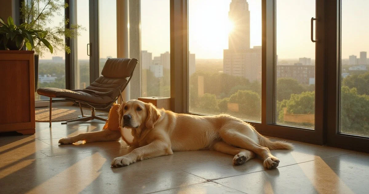Golden retriever by floor-to-ceiling windows in an Austin high rise