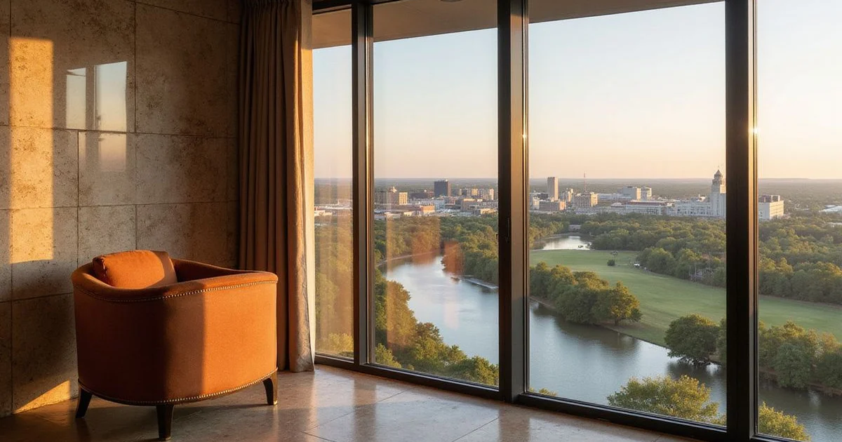 Lady Bird Lake from a high floor at golden hour through floor-to-ceiling glass