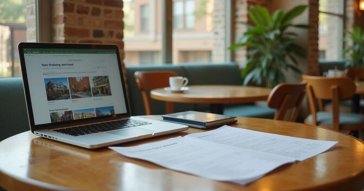 Laptop with apartment listings beside a printed three-building shortlist