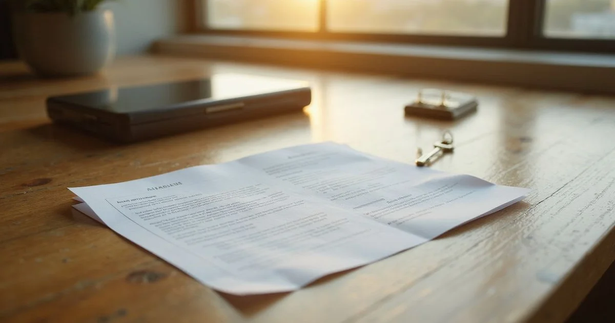 Lease agreement and keys on an oak desk in a bright high rise apartment