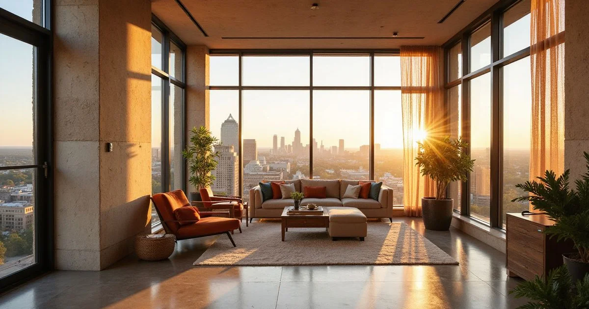 Leasing office model unit with a skyline view in a new Austin tower