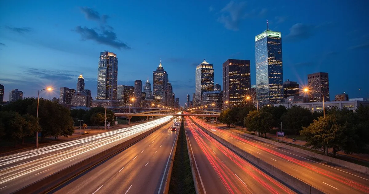 MoPac expressway at dusk with downtown Austin towers in soft haze
